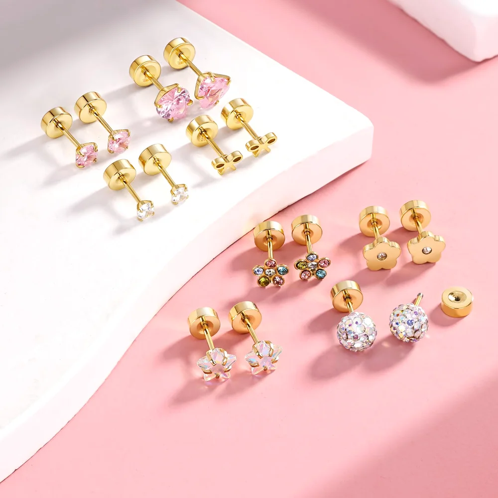 DAILI Titanium screw back earrings for children with cubic zirconia, view 2