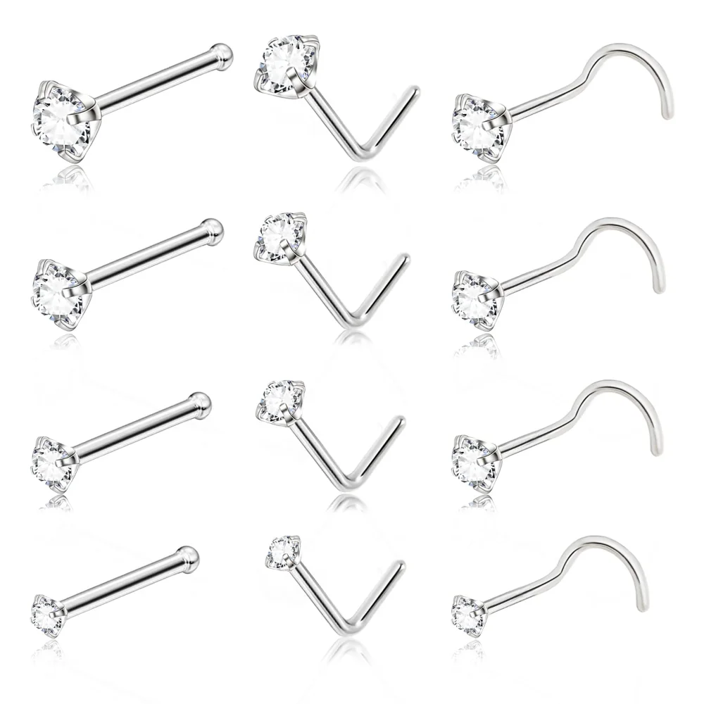 DAILI Titanium nose stud with cubic zirconia, 8 pieces