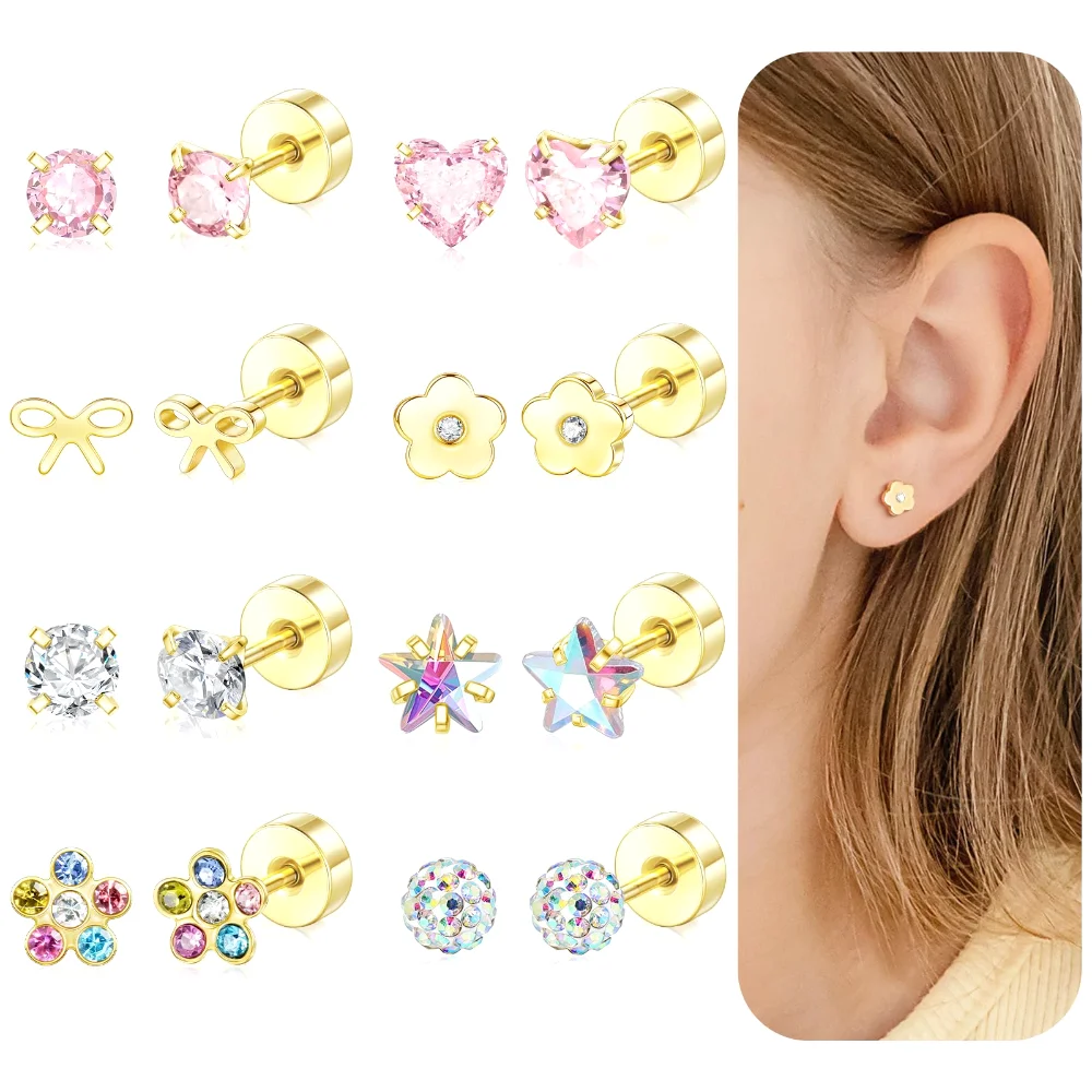 DAILI Titanium screw back earrings for children with cubic zirconia