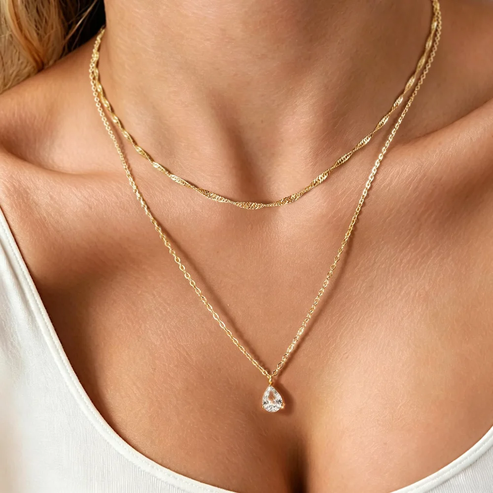DAILI Dainty layered necklace with cubic zirconia, lobster clasp, view 2