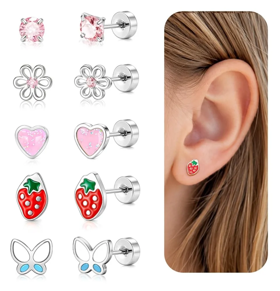 DAILI Surgical steel screw back earrings for children with cubic zirconia