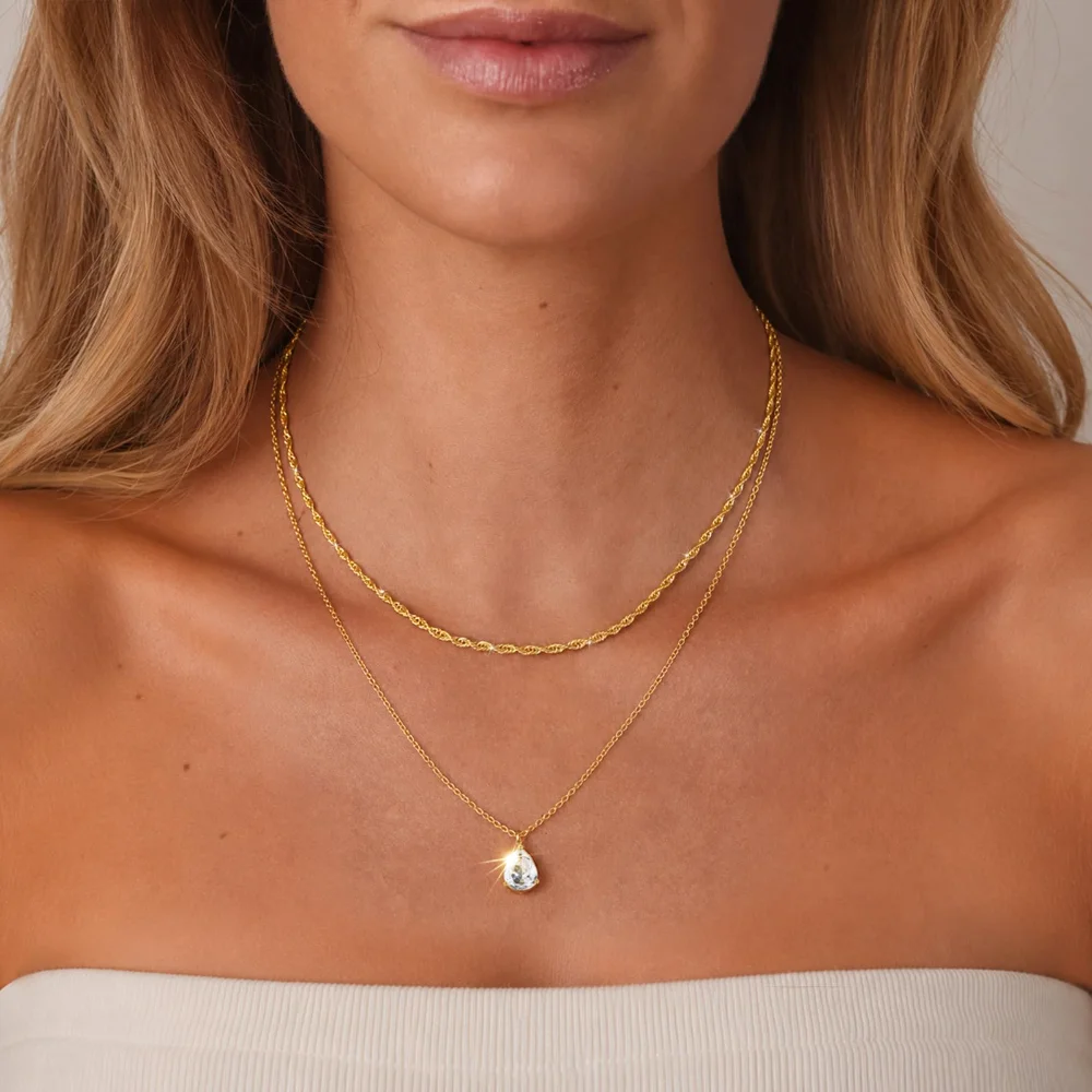 DAILI Dainty layered necklace with cubic zirconia, lobster clasp, view 4
