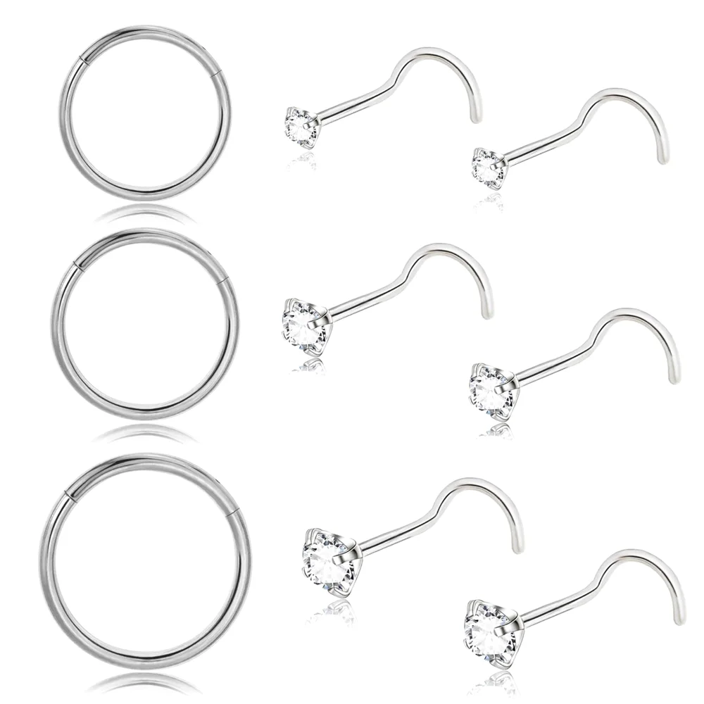 DAILI Nose stud with cubic zirconia, 9 pieces