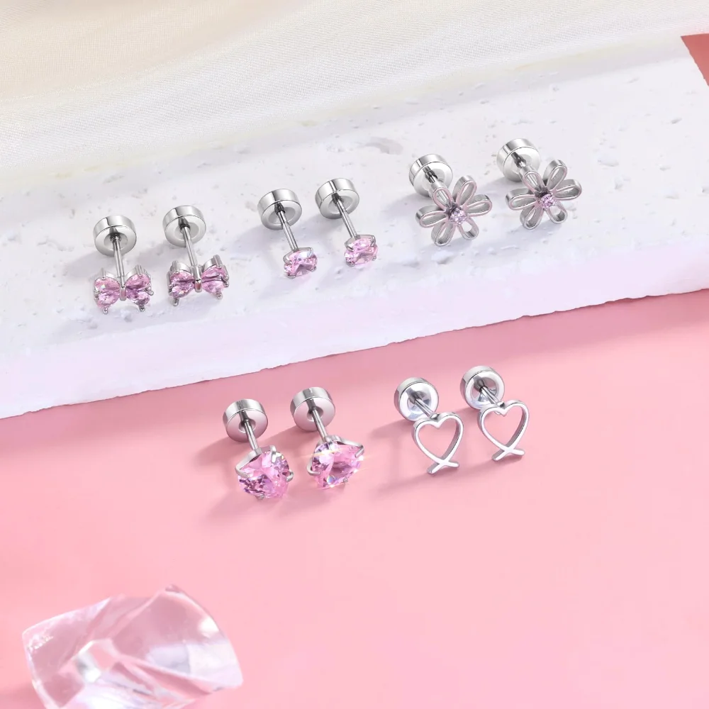 DAILI Surgical steel screw back earrings for children with a flower, view 2