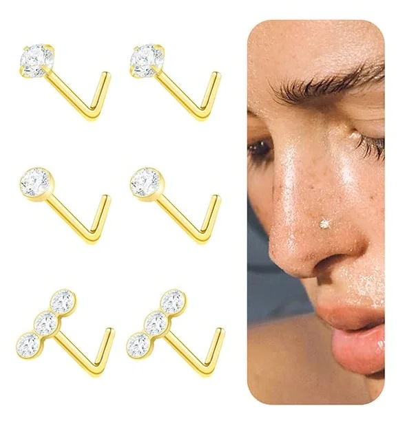 DAILI Surgical steel horseshoe nose ring with cubic zirconia, 6 pieces
